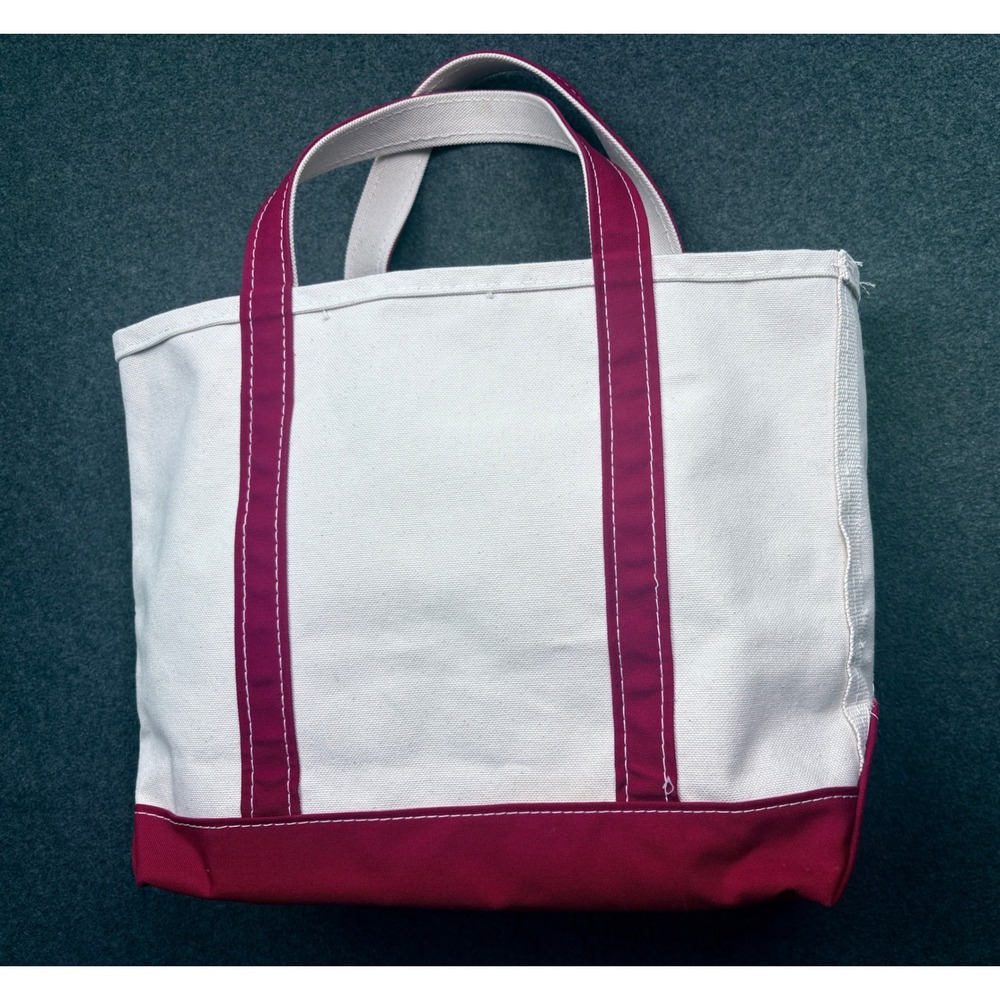 LL Bean Boat and Tote Medium Canvas Bag Red Cream Made in USA OM198 - Picture 2 of 12